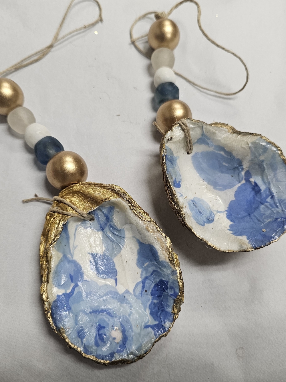 Handpainted Blue & Gold Oyster Shell Ornaments